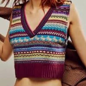 Free People Fran Sweater Vest Cashmere Wool Blend Cropped Multi-Color Size S/P